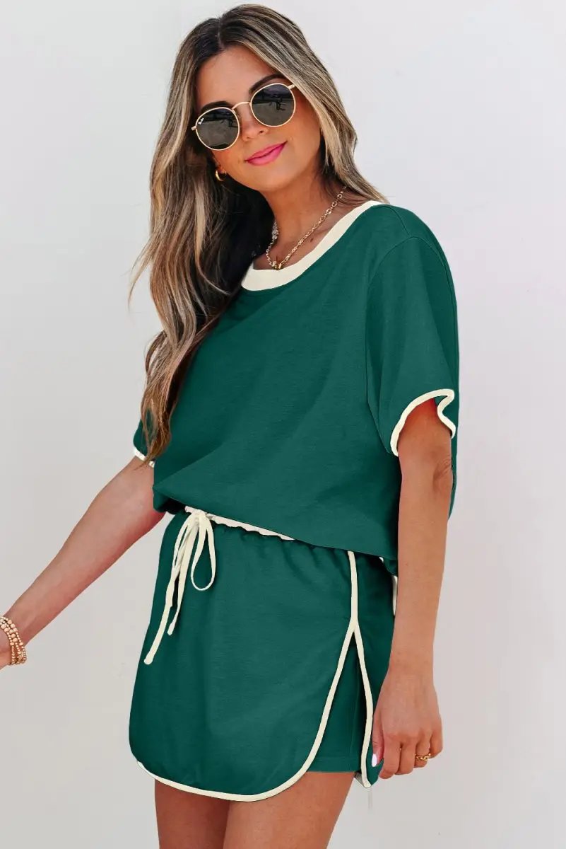Evergreen Colorblock Edge Drop Shoulder T Shirt and Skort Set - Love Salve